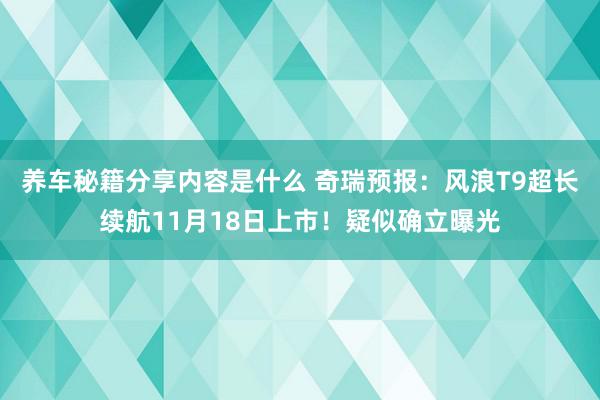 养车秘籍分享内容是什么 奇瑞预报：风浪T9超长续航11月18日上市！疑似确立曝光