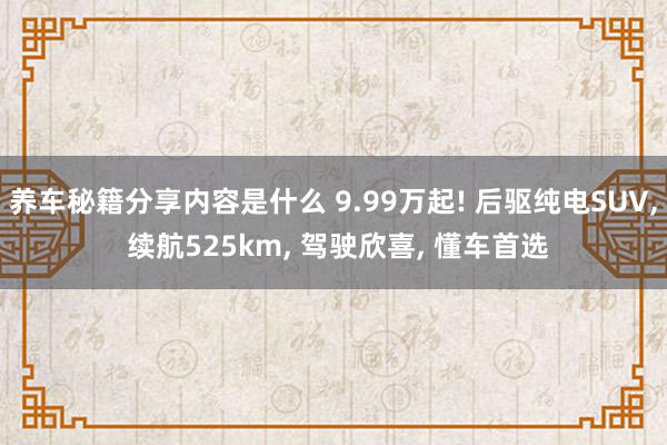 养车秘籍分享内容是什么 9.99万起! 后驱纯电SUV, 续航525km, 驾驶欣喜, 懂车首选