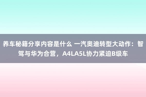 养车秘籍分享内容是什么 一汽奥迪转型大动作：智驾与华为合营，A4LA5L协力紧迫B级车