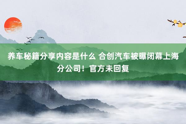 养车秘籍分享内容是什么 合创汽车被曝闭幕上海分公司！官方未回复