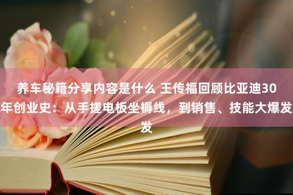 养车秘籍分享内容是什么 王传福回顾比亚迪30年创业史：从手搓电板坐褥线，到销售、技能大爆发