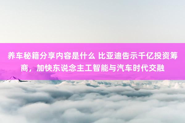 养车秘籍分享内容是什么 比亚迪告示千亿投资筹商，加快东说念主工智能与汽车时代交融